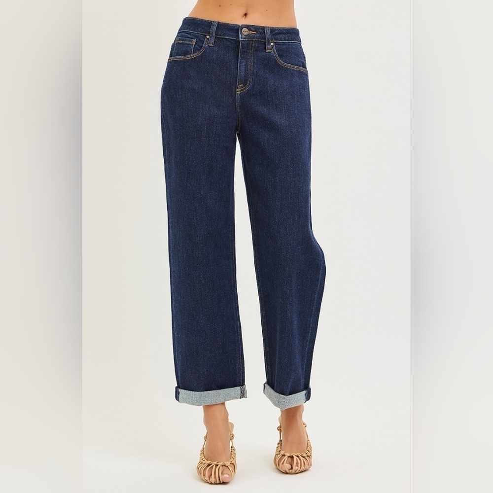 RISEN HR Deep Dark Wash Slouchy Boyfriend Jeans Cuffed Relaxed Stretch Various - Picture 11 of 12